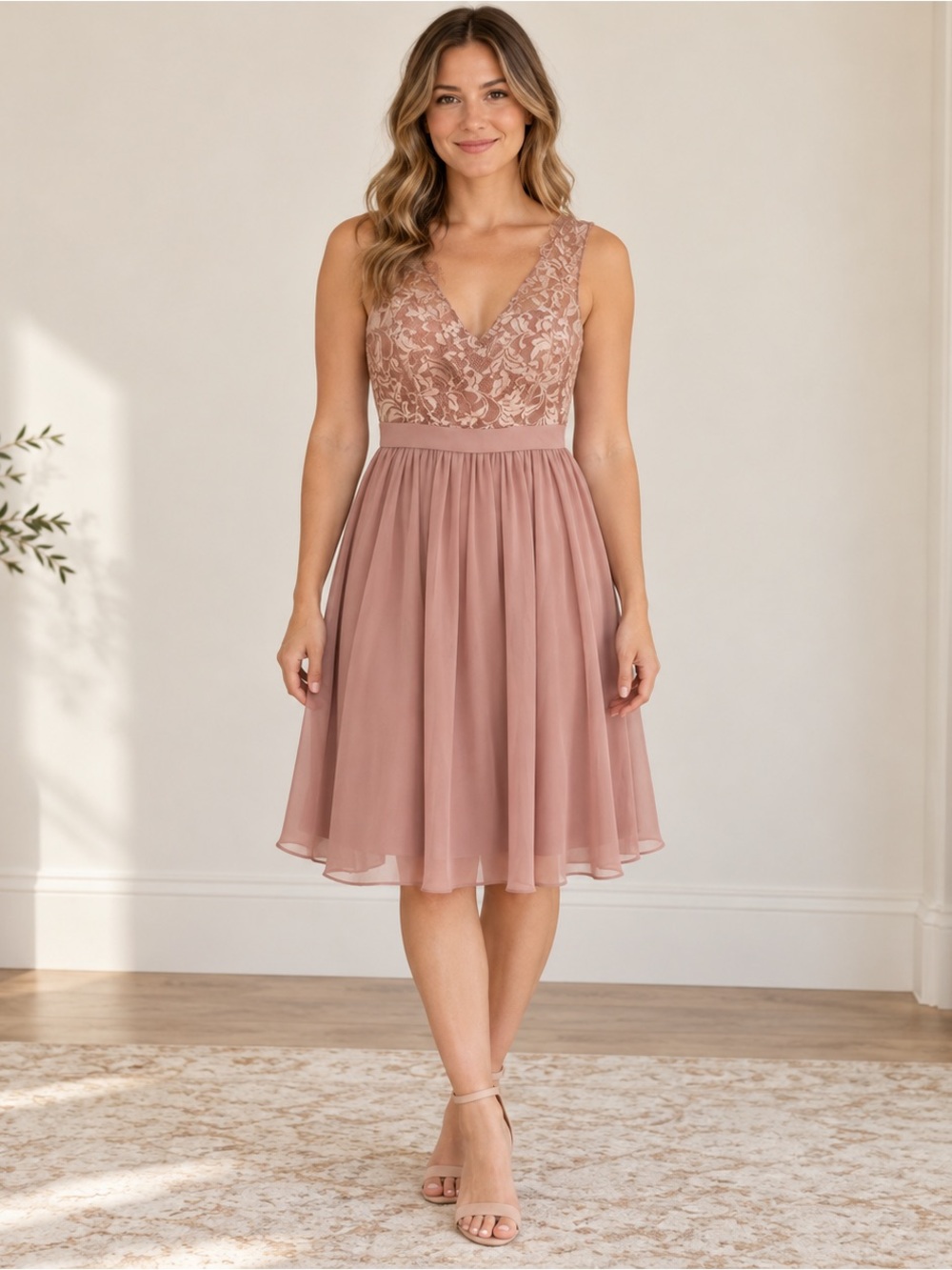 Azazie Cierra Dusty Rose Lace Chiffon Knee Length Bridesmaid Dress M